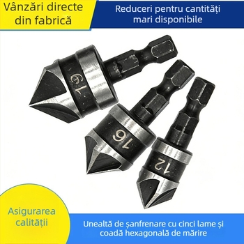 Set de 3 unelte pentru chamferarea găurilor în oțel carbon, ax hexagonal negru, cinci muchii de tăiere, pentru burghie electrice și unelte electrice