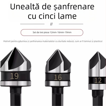 Set de 3 unelte pentru chamferarea găurilor în oțel carbon, ax hexagonal negru, cinci muchii de tăiere, pentru burghie electrice și unelte electrice