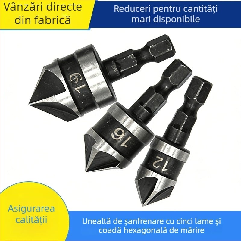 Set de 3 unelte pentru chamferarea găurilor în oțel carbon, ax hexagonal negru, cinci muchii de tăiere, pentru burghie electrice și unelte electrice