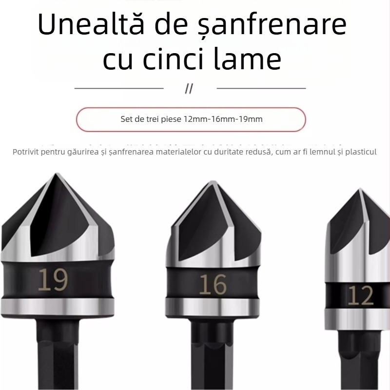 Set de 3 unelte pentru chamferarea găurilor în oțel carbon, ax hexagonal negru, cinci muchii de tăiere, pentru burghie electrice și unelte electrice