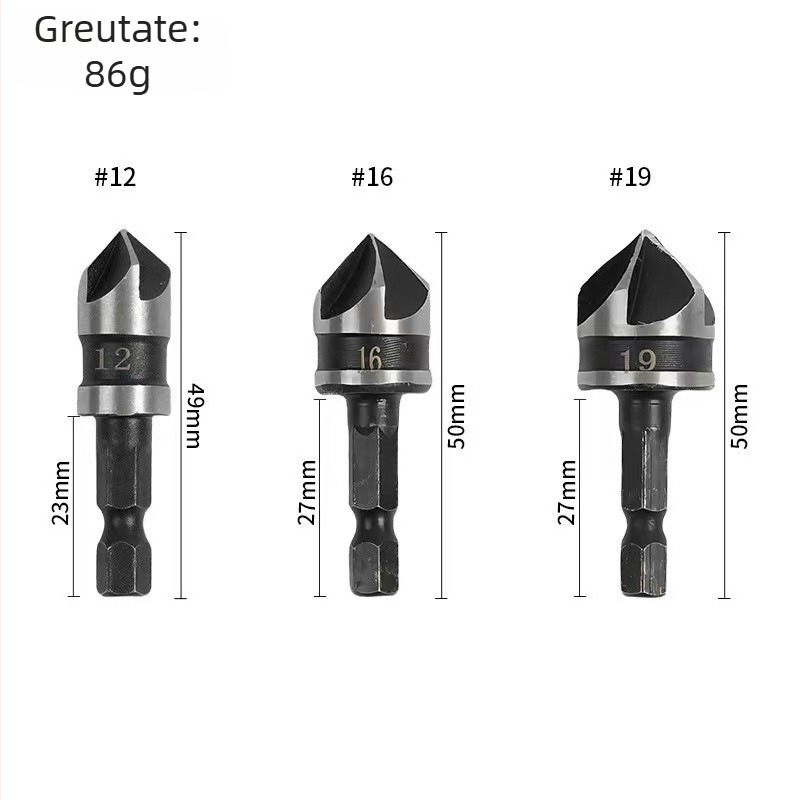 Set de 3 unelte pentru chamferarea găurilor în oțel carbon, ax hexagonal negru, cinci muchii de tăiere, pentru burghie electrice și unelte electrice