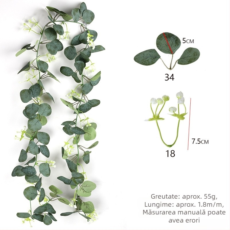 Viță artificială de eucalipt, cu țesătură albă de mătase, liană decorativă cu frunze de bani și plantă verde