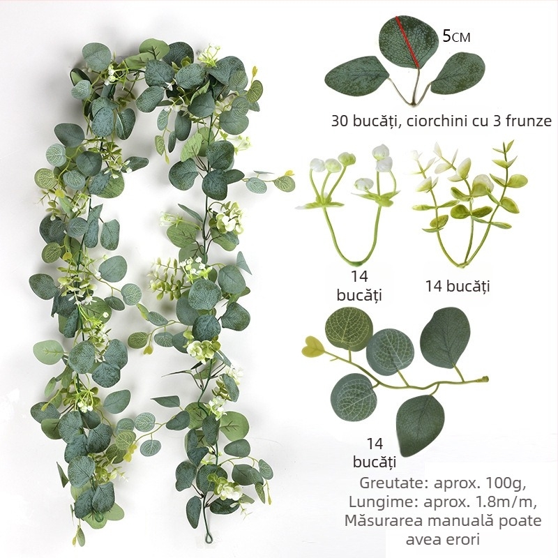 Viță artificială de eucalipt, cu țesătură albă de mătase, liană decorativă cu frunze de bani și plantă verde