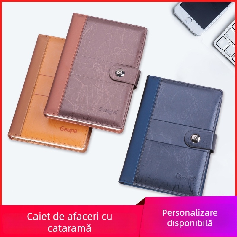 Caiet de afaceri gros cu siglă din folie aurie, copertă din piele artificială, 296 pagini, hârtie bej 80 g/m², formate A5 și B5, legare cusută, set birou într-o cutie cadou