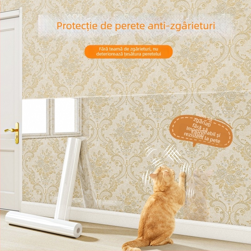 Folie protectoare transparentă autoadezivă pentru perete, cu protecție împotriva zgârieturilor de pisici pentru pereți vopsiți cu latex; impermeabilă și rezistentă la murdărie.