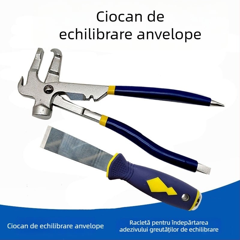 Clește pentru echilibrare pneuri cu instrument de echilibrare dinamică și pentru îndepărtarea greutăților