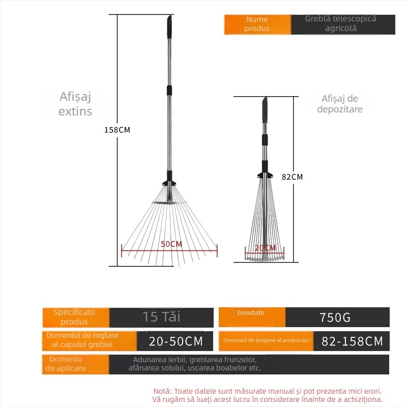Grebă telescopică din oțel – unealtă agricolă multifuncțională pentru frunze, iarbă și curățarea gazonului, extensibilă
