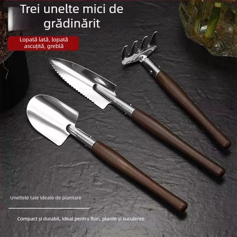 Set de trei unelte de grădinărit: lopățică pentru ghivece, unealtă din oțel inoxidabil pentru afânarea solului, pentru plante suculente