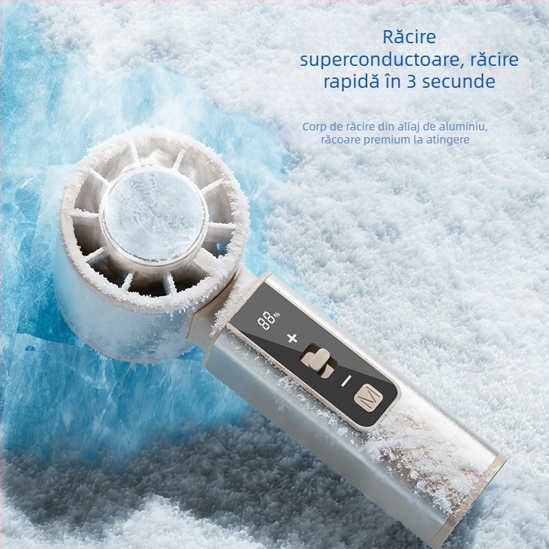 Ventilator portabil pentru mână și birou, cu baterie încorporată, încărcare USB, carcasă din aliaj de aluminiu, răcire cu semiconductori, afișaj digital cu 100 trepte