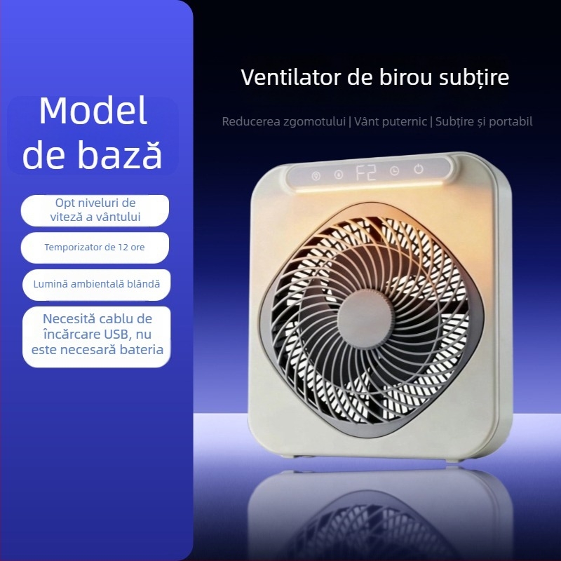 Ventilator USB reîncărcabil pentru birou și cămin, compact, cu 3 pale, motor BLDC, baterie încorporată, încărcare USB, funcționare silențioasă