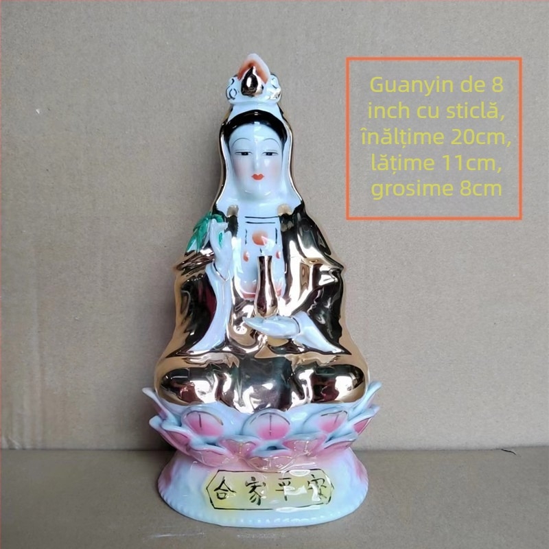 Statuie ceramică de înaltă calitate a Guanyin Bodhisattva, așezată pe un lotus cu floare aurie