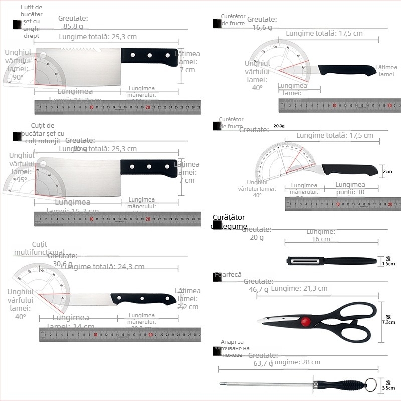Set de cuțe bucătărie din oțel inoxidabil, 8 piese, blister, include seturi de 4 piese și 5 piese