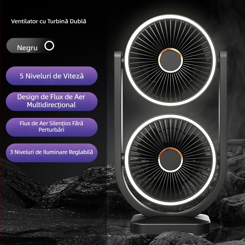 Ventilator de birou cu două palete, USB, portabil, circulație a aerului bidirecțională pentru birou și cămin