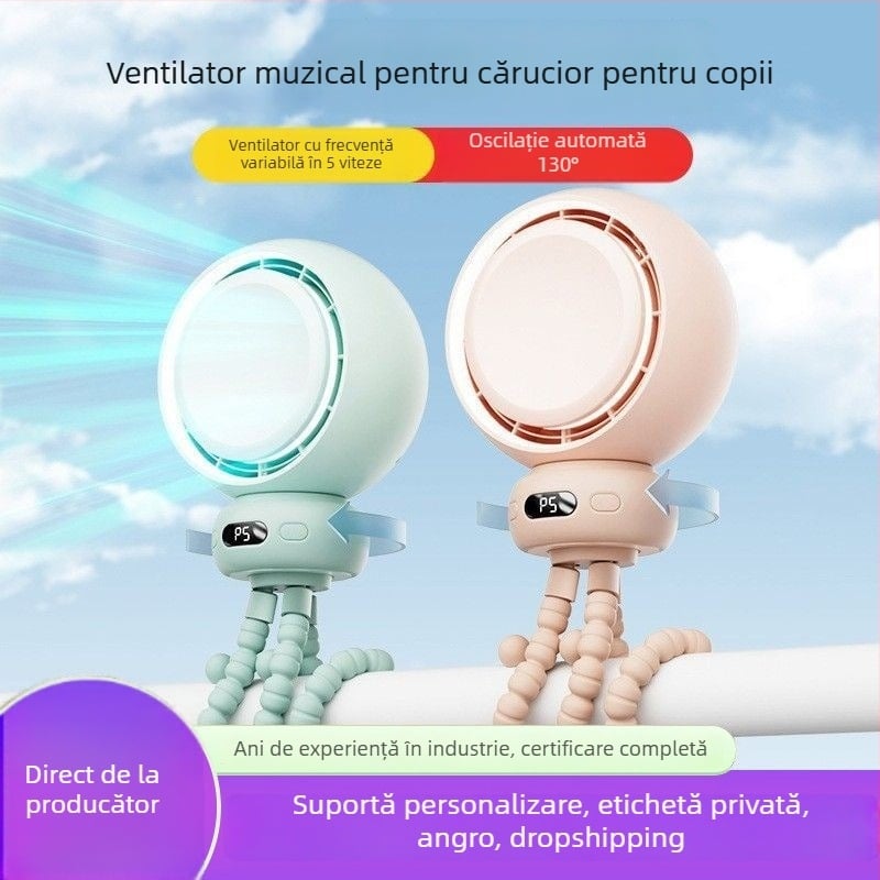 Ventilator pentru cărucior în formă de caracatiță, protecție împotriva strângerii, cap rotativ, portabil, mini ventilator muzical pentru copii