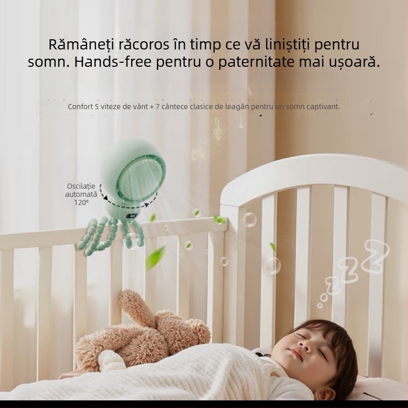Ventilator pentru cărucior în formă de caracatiță, protecție împotriva strângerii, cap rotativ, portabil, mini ventilator muzical pentru copii