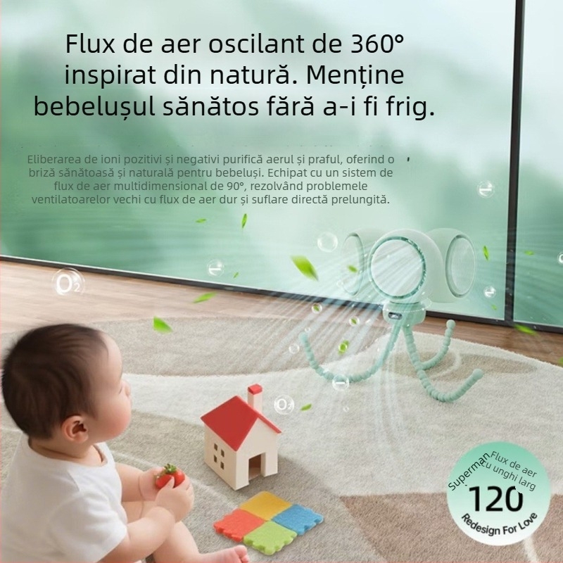 Ventilator pentru cărucior în formă de caracatiță, protecție împotriva strângerii, cap rotativ, portabil, mini ventilator muzical pentru copii