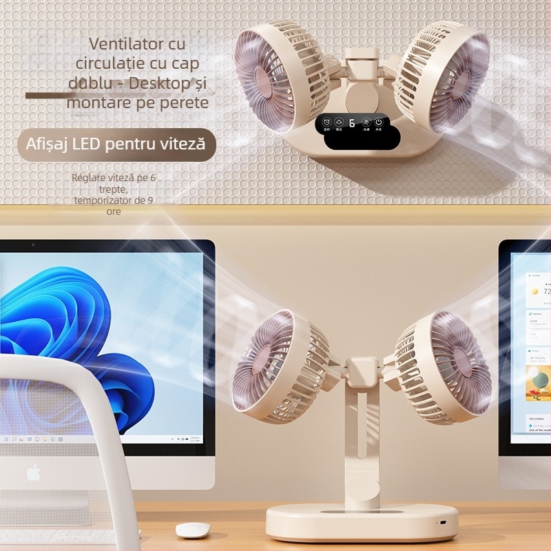 Ventilator USB de birou cu două capete, reîncărcabil, oscilant, compact pentru birou sau internat