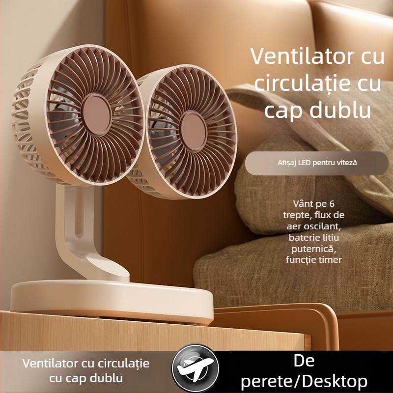 Ventilator USB de birou cu două capete, reîncărcabil, oscilant, compact pentru birou sau internat