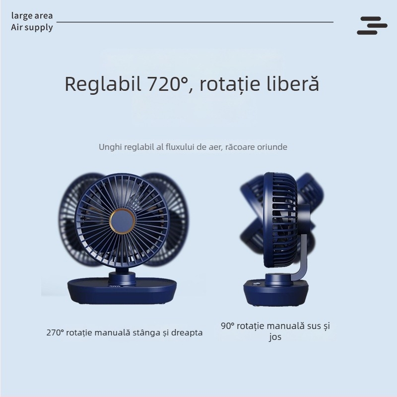 Ventilator mini USB de birou cu cap oscilant, portabil pentru cămine, 3 palete, baterie încorporată 2000–4000mAh, încărcare USB, 5 viteze, motor brushless