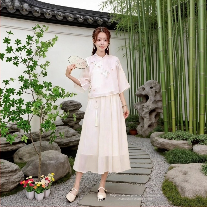 Set feminin primăvară-vară în stilul Republicii Chineze, costum Tang retro cu broderie, Hanfu îmbunătățit, rochie de ceai, stil etnic