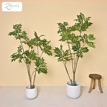 Copac artificial de 210 cm înălțime, cu finisaj din lemn lăcuit, plantă decorativă mare pentru interior, în stil bambus și glicină