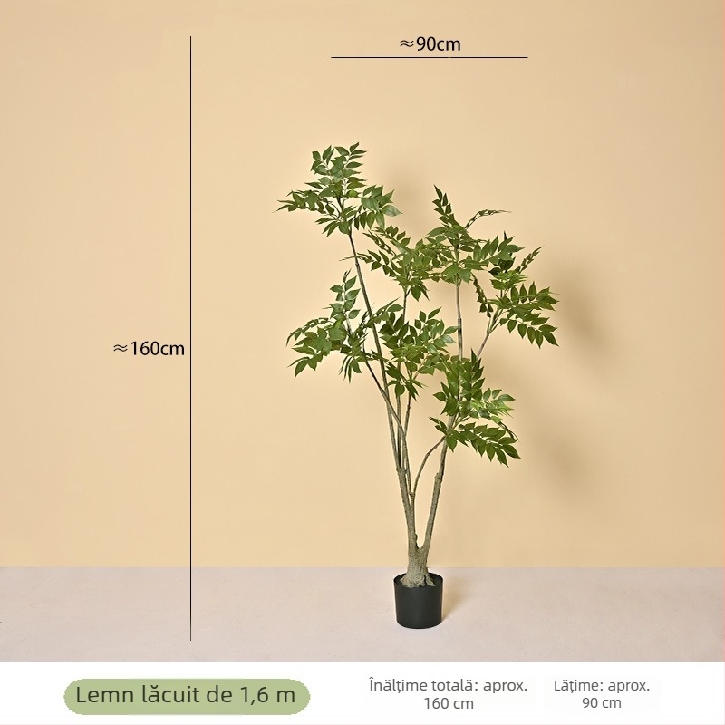 Copac artificial de 210 cm înălțime, cu finisaj din lemn lăcuit, plantă decorativă mare pentru interior, în stil bambus și glicină