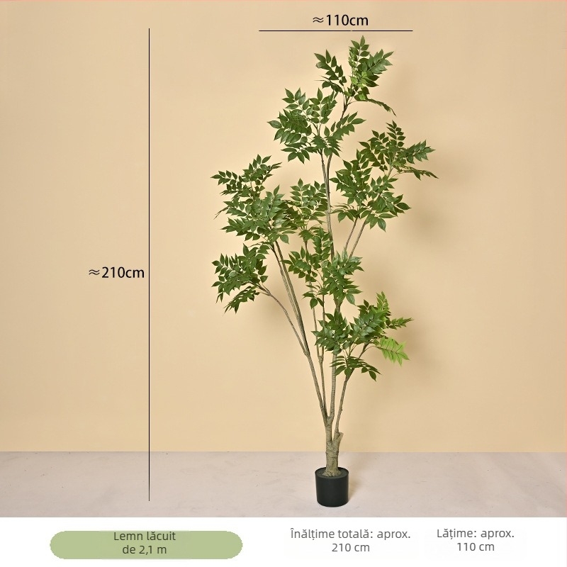 Copac artificial de 210 cm înălțime, cu finisaj din lemn lăcuit, plantă decorativă mare pentru interior, în stil bambus și glicină