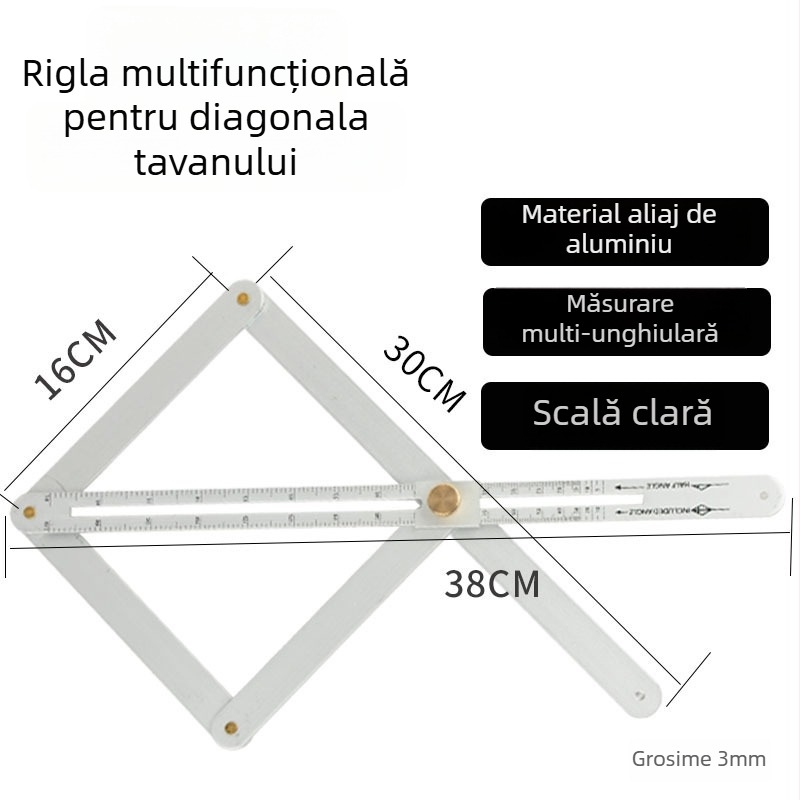 Rigla unghiulară integrată pentru plafoane și tâmplărie, măsurare 0–170°, aliaj de aluminiu
