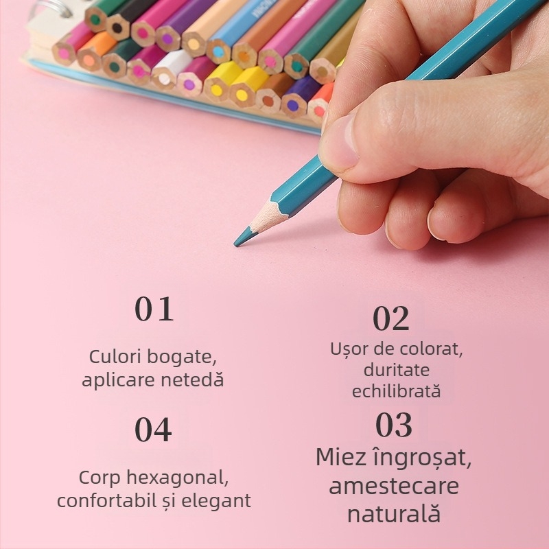Great Sage 24 creioane colorate hexagonale, corp din lemn de tei, miez de 3.0 mm pentru desen