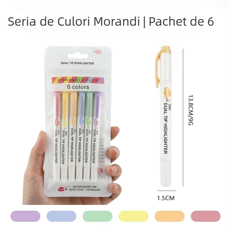 Morandi stilou de evidențiere cu protecție a ochilor, șase culori, vârf înclinat, pentru jurnalizare și luare de notițe, potrivit pentru elevi și copii