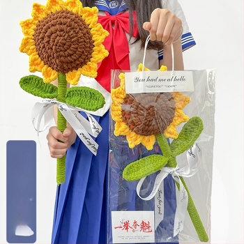 Buchet finit tricotat manual, din lână — floare de floarea-soarelui, trandafir și garoafă — cadou pentru Ziua Profesorilor și Ziua Zeiței — decor de nuntă, recuzită pentru fotografie, decor pentru casă