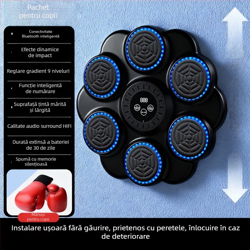 Dispozitiv inteligent de box cu muzică pentru acasă – țintă de perete pentru adulți și copii, antrenament de reacție și relaxare
