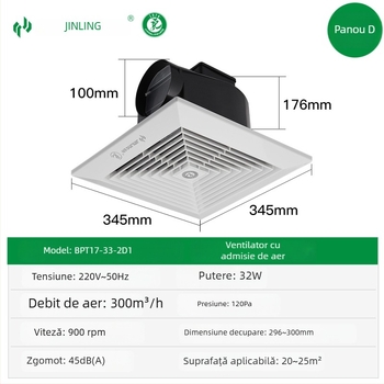 Golden Ling Ventilator de evacuare cu flux liber pentru casă, ultra-subțire, montaj în tavan, pentru bucătărie și baie