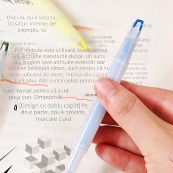 Marker fluorescent dublu vârf cu fereastră de vizualizare, set de nuanțe deschise și marker de contur cu linie groasă.