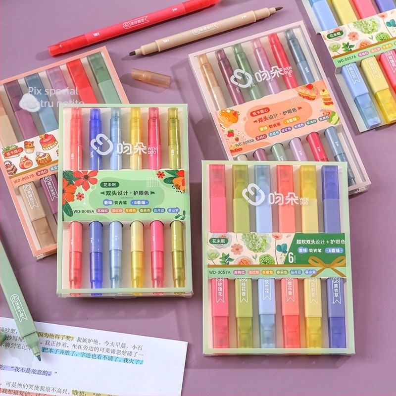 Marker parfumat cu două capete pentru evidențiere și stilou de acuarelă – set în cutie, design inimă de fată pentru elevi