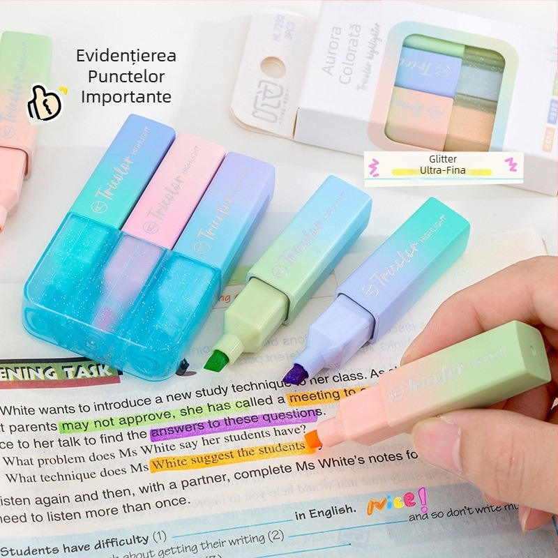 Markere pentru evidențiere cu sclipici și parfum, set de 3 bucăți, stilouri colorate pentru jurnalul elevului