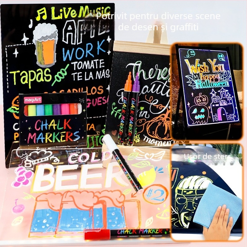 Somachi marker ștergător pentru tablă din sticlă iluminată, 3 mm, marker graffiti pentru tablă, fără praf, cretă lichidă