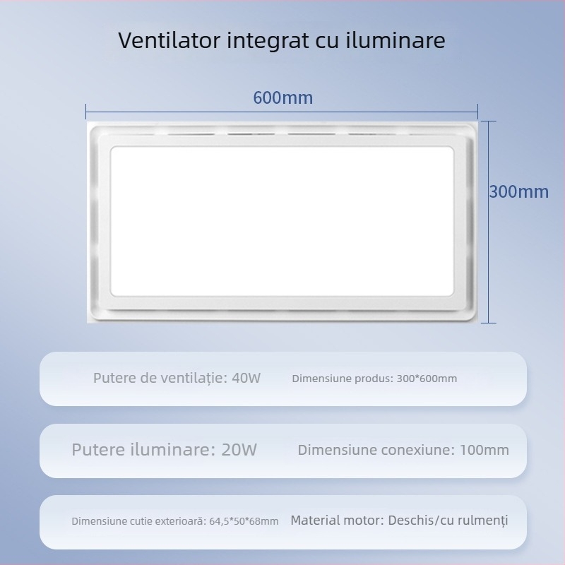 Ventilator LED de plafon pentru baie, iluminare și ventilație, 2 în 1, dimensiune 300×300 mm