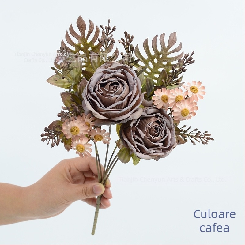 Flori artificiale de trandafiri și mușețel și margarete, cu margini arse, buchet pentru nuntă, săli de ceremonii, expoziții și decor de masă