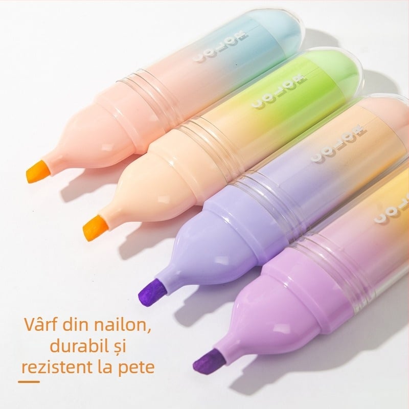 Set de 4 pixuri colorate cu vârf din nylon rezistent la uzură, corp plat, ambalate în cutie; markere colorate cu vârf înclinat.