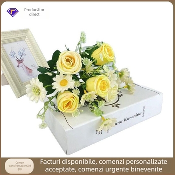 Flori artificiale din satin: muguri de trandafir, buchet cu mai multe capete, margarete mici, decor pentru sufragerie, hotel și nuntă