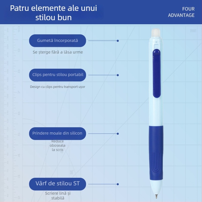 Pix gel șters 0,5 mm, corp albastru cristal, cerneală neagră carbon, pentru elevi