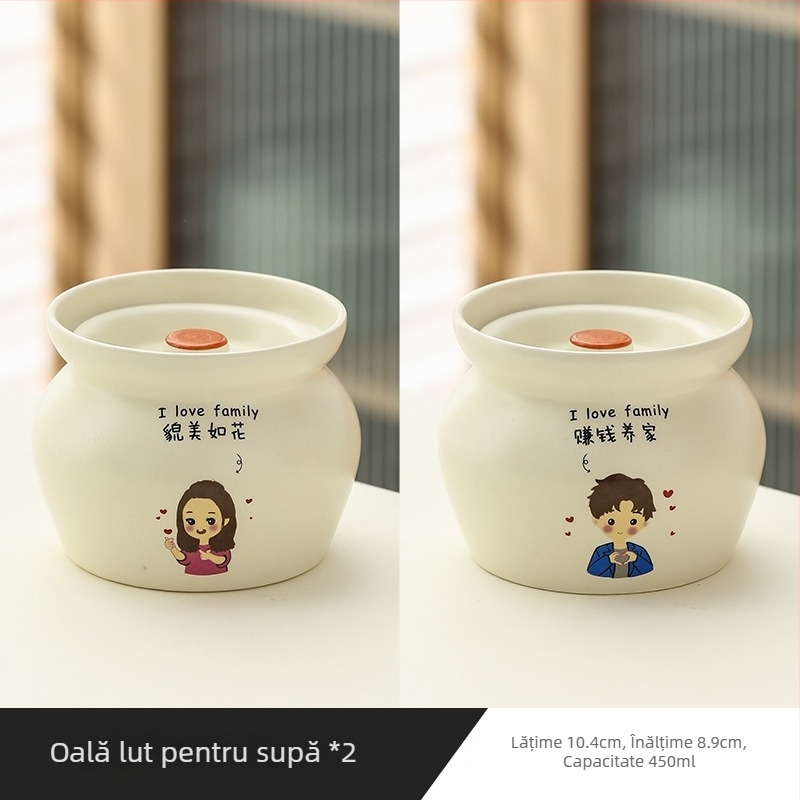 Oală ceramică pentru o porție, cu capac, emailată, pentru ouă și supă