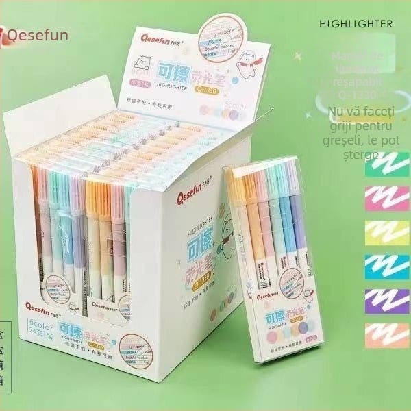 Marker fluorescent cu 6 culori, vârf dublu, șters, design creativ de desene animate, pentru jurnal
