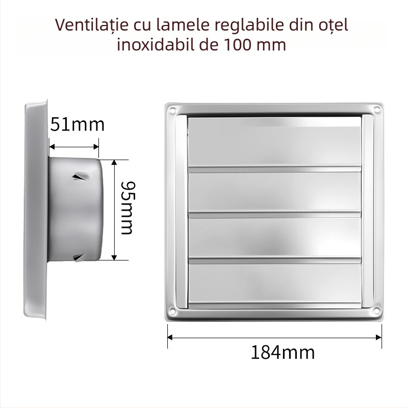 Ventilație din oțel inoxidabil 304, pătrată, cu lame autoînchise, pentru perete exterior, evacuare aer uscător
