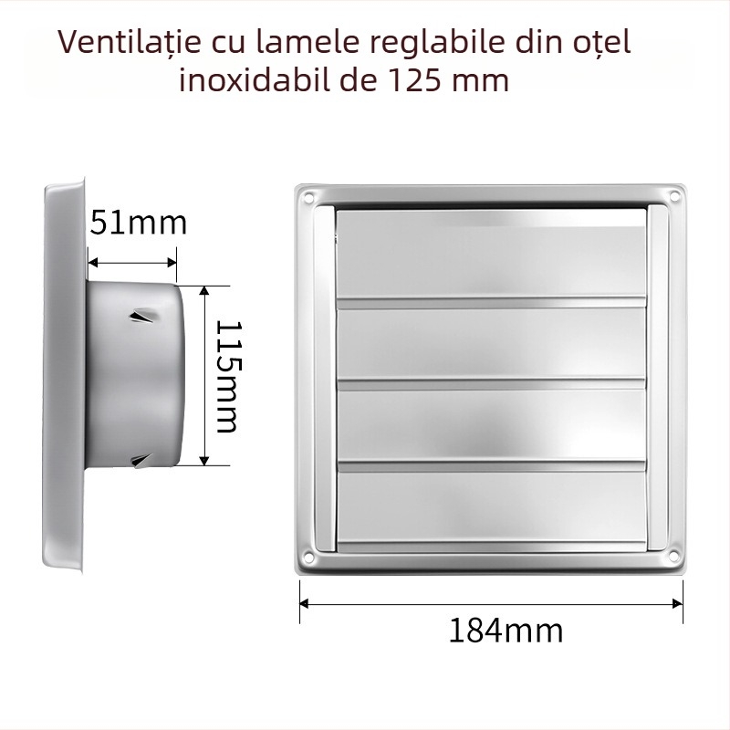 Ventilație din oțel inoxidabil 304, pătrată, cu lame autoînchise, pentru perete exterior, evacuare aer uscător