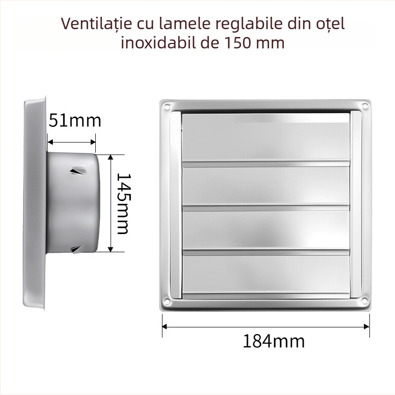 Ventilație din oțel inoxidabil 304, pătrată, cu lame autoînchise, pentru perete exterior, evacuare aer uscător