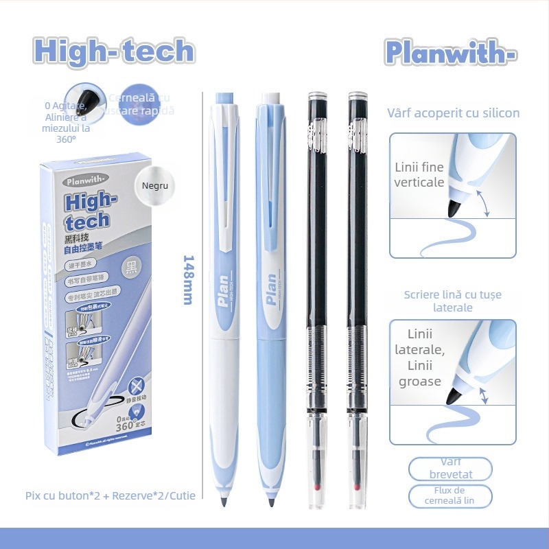 Planwith stilouri gel cu cerneală ce se usucă rapid pentru elevi — set din două pixuri negre cu rezerve de cerneală