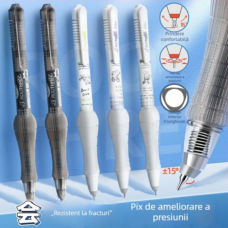 Reversal stilou gel ergonomic, cu priză moale, cerneală neagră cu uscare rapidă, mecanism de apăsare, vârf din oțel inoxidabil