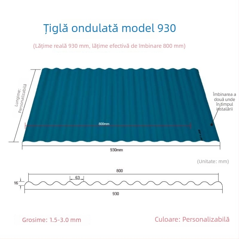 Țigle PVC ondulate albastre pentru acoperișuri de fermă, plăci izolante pentru acoperiș
